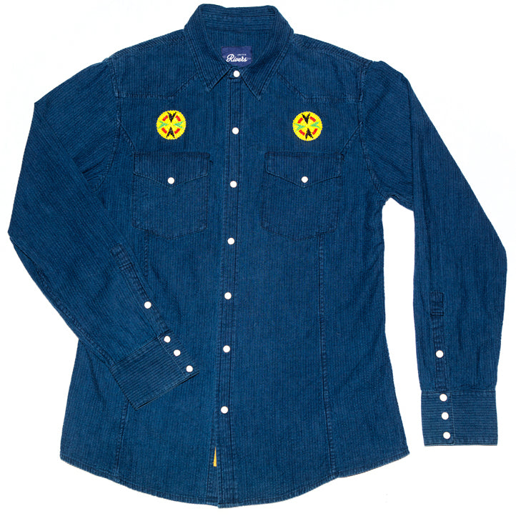United Rivers Ouachita River cotton-linen button-down denim shirt with yellow badges