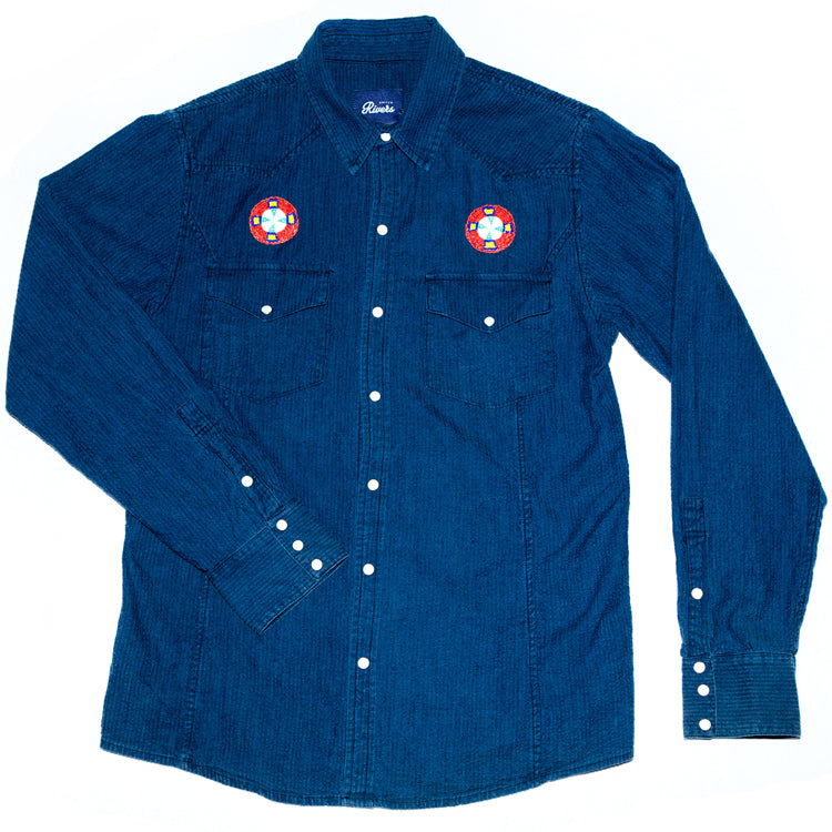 United Rivers Ouachita River cotton-linen button-down denim shirt with red badges