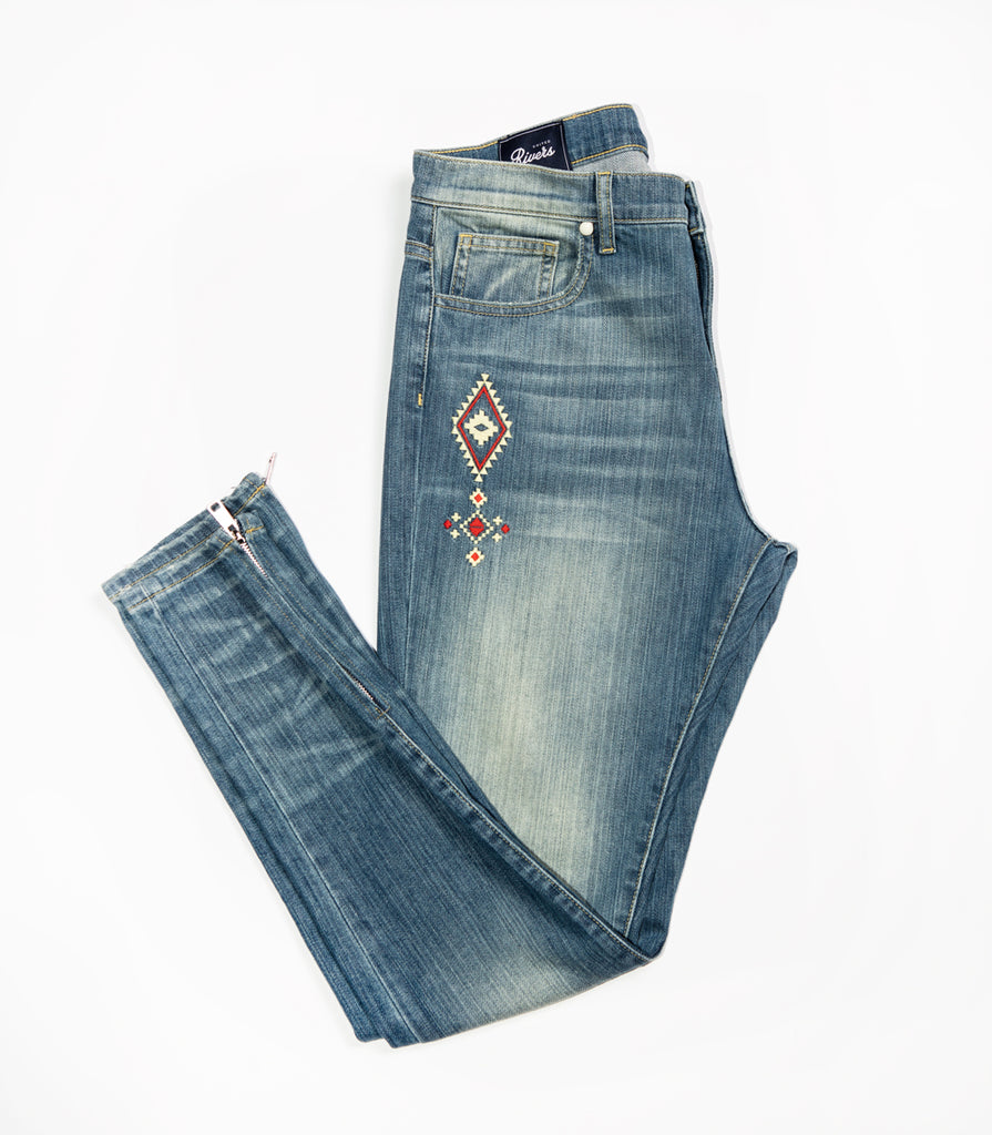 United Rivers Kansas River medium wash denim jeans western inspired embroidery