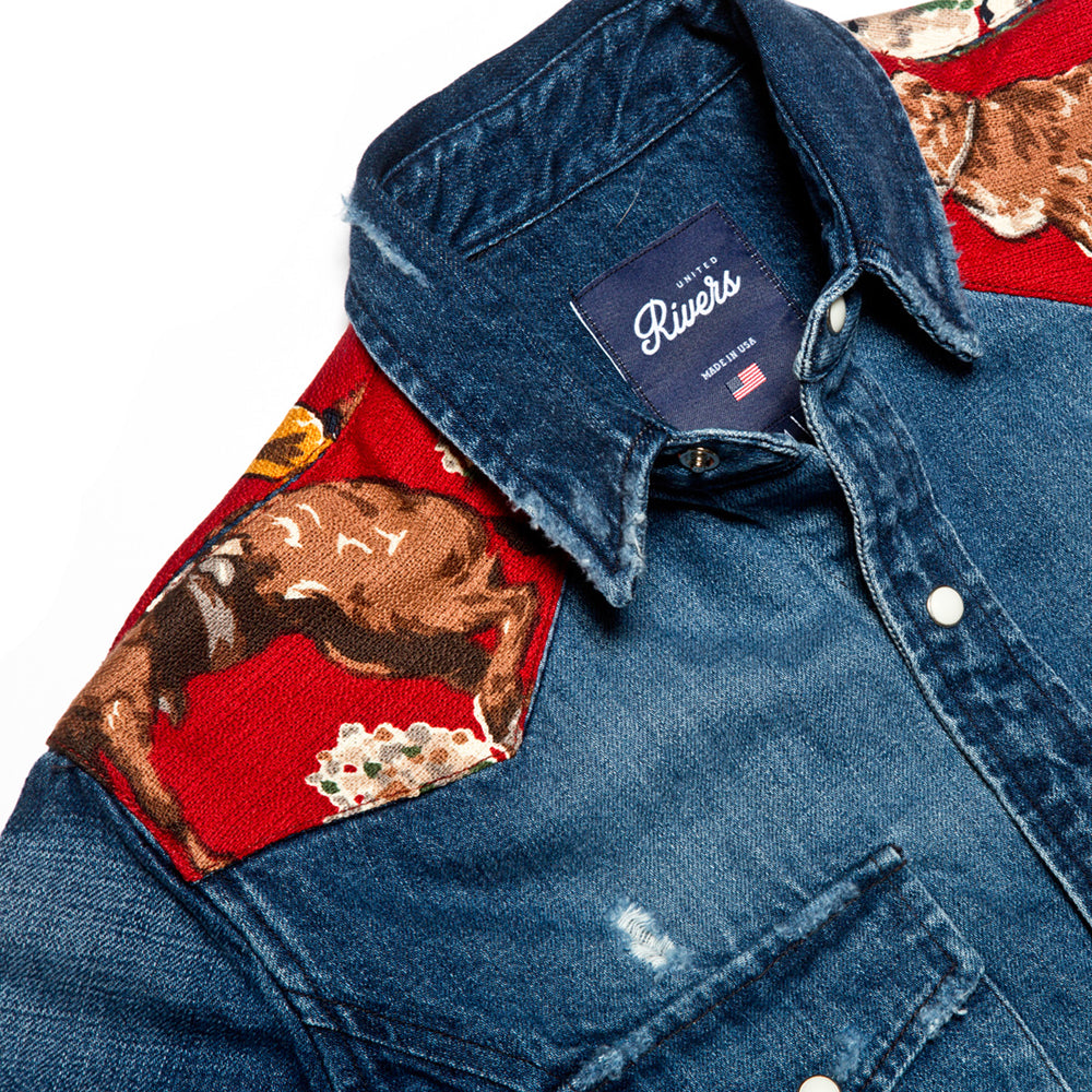 United Rivers True Grit cotton-linen button-down denim shirt with cowboy pattern