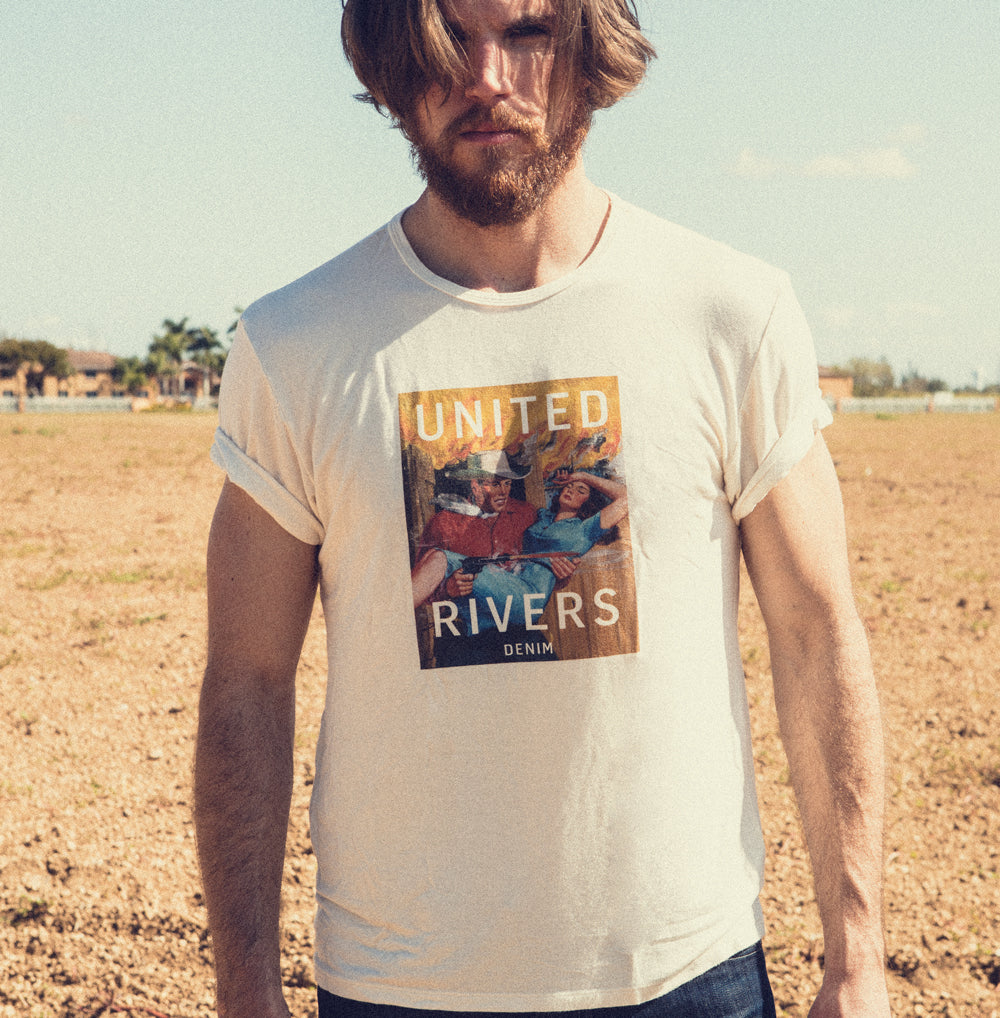 United Rivers spaghetti western t-shirt white on male model