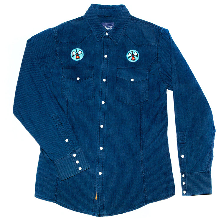 United Rivers Ouachita River cotton-linen button-down denim shirt with eagle badges