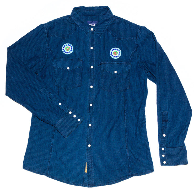 United Rivers Ouachita River cotton-linen button-down denim shirt with light blue badges
