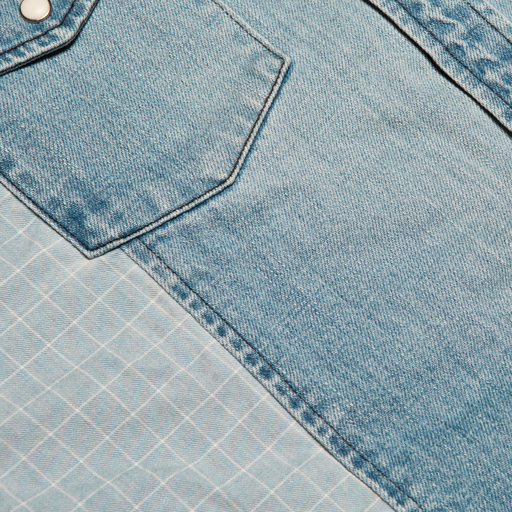 United Rivers Blue River two-tone cotton-linen button-down denim shirt close up