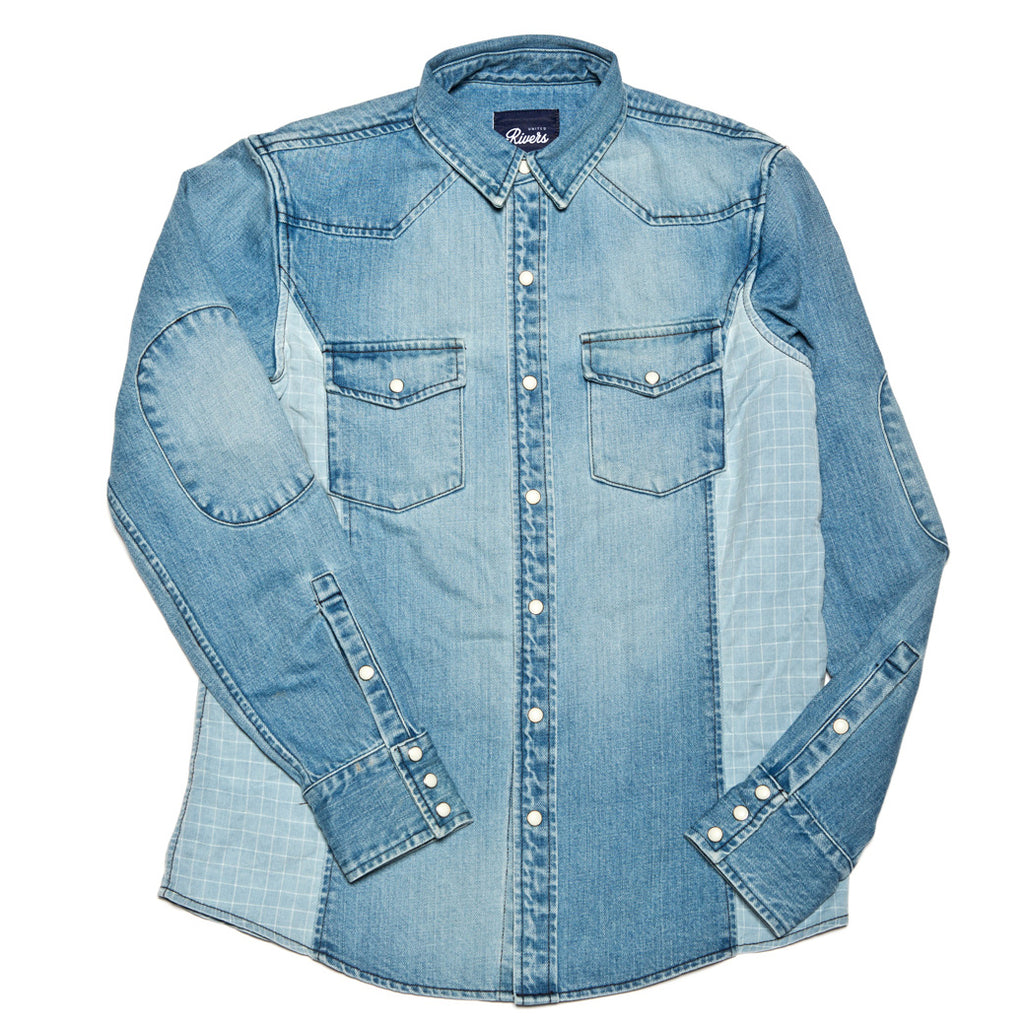 United Rivers Blue River two-tone cotton-linen button-down denim shirt front