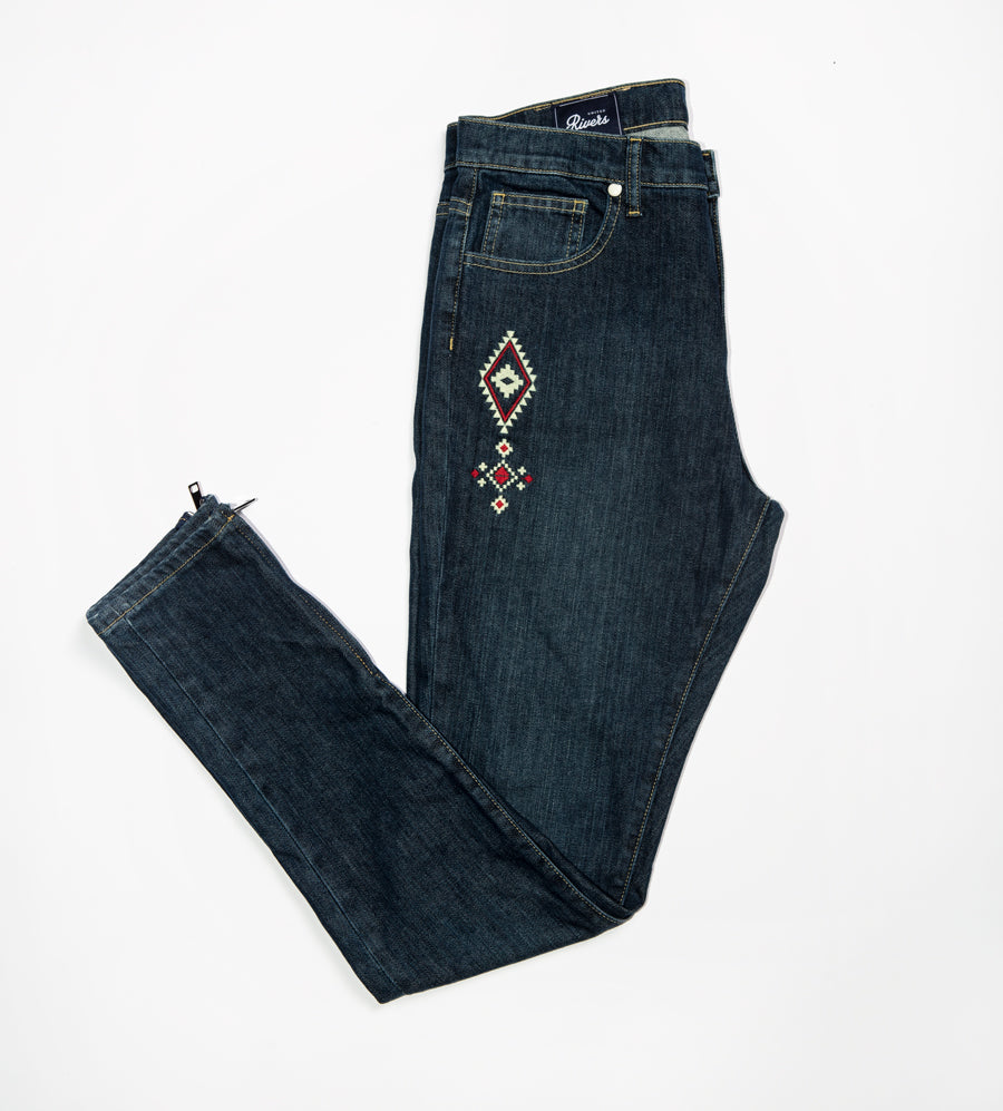 United Rivers Kansas River dark denim jeans with western-inspired embroidery