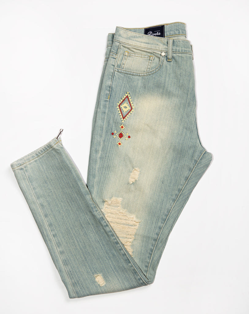 United Rivers Kansas River light denim jeans with western inspired embroidery