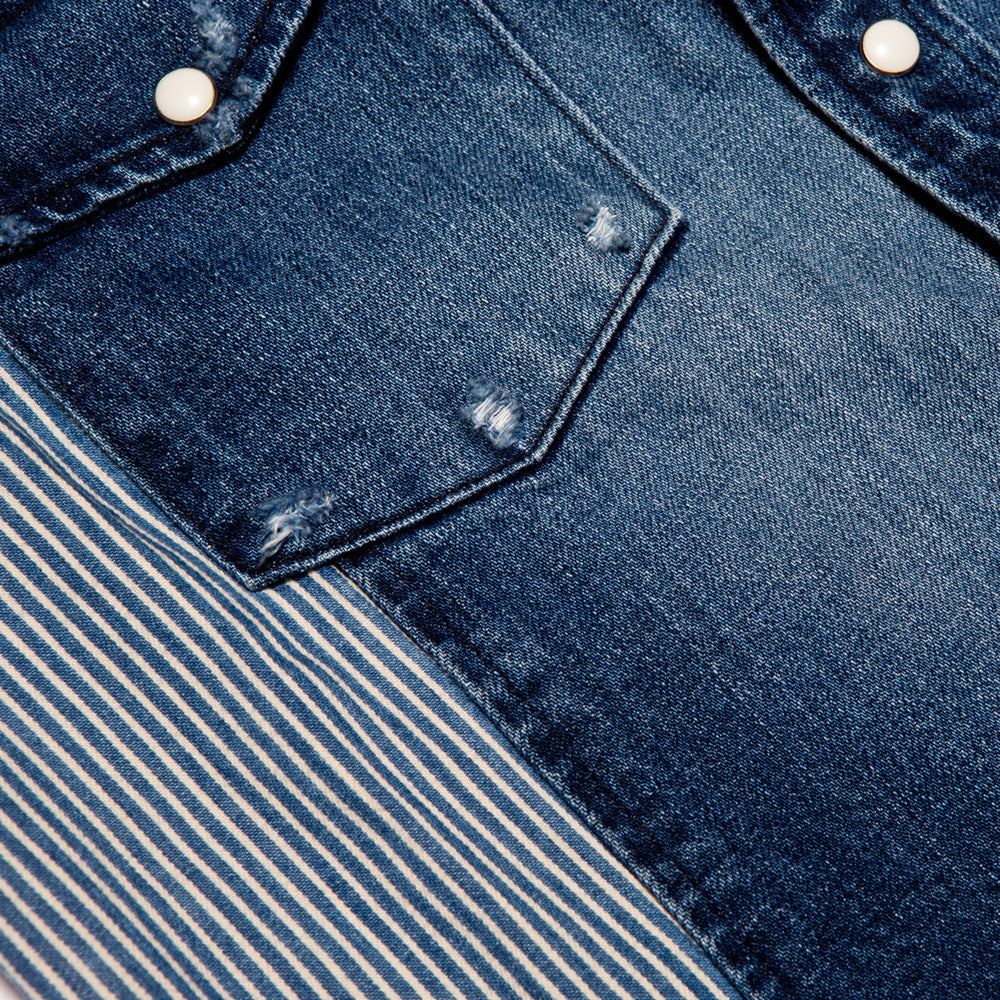 United Rivers Rail River distressed two-tone cotton-linen button-down dark denim shirt close up